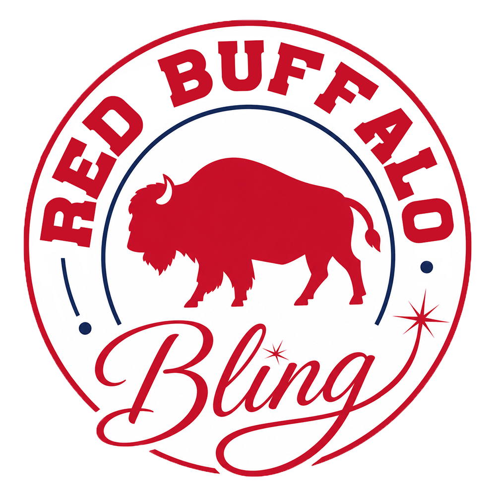 Red Buffalo Bling logo with red buffalo in the center and name around in a circle