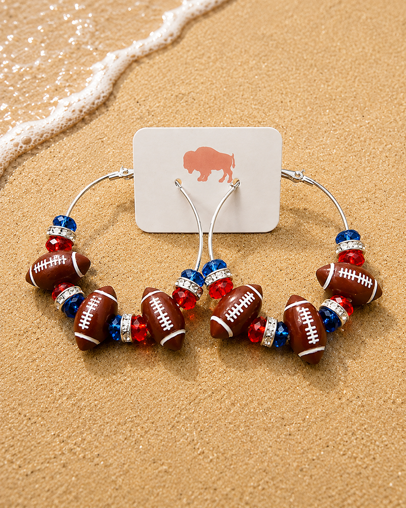 hoop earrings with football beads and red, white, and blue crystal beads