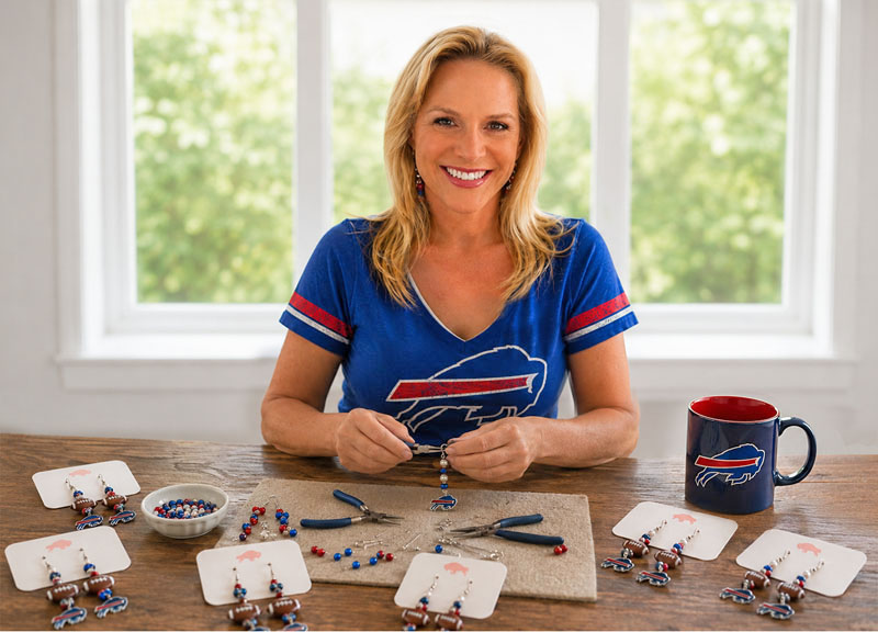 Blonde woman in a blue Buffalo Bills tshirt making Bills-themed earrings